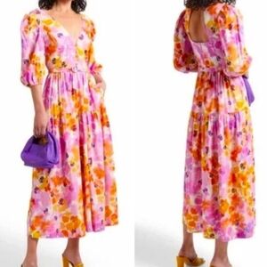 NICHOLAS Pink and Orange Floral Midi Dress Size 12
